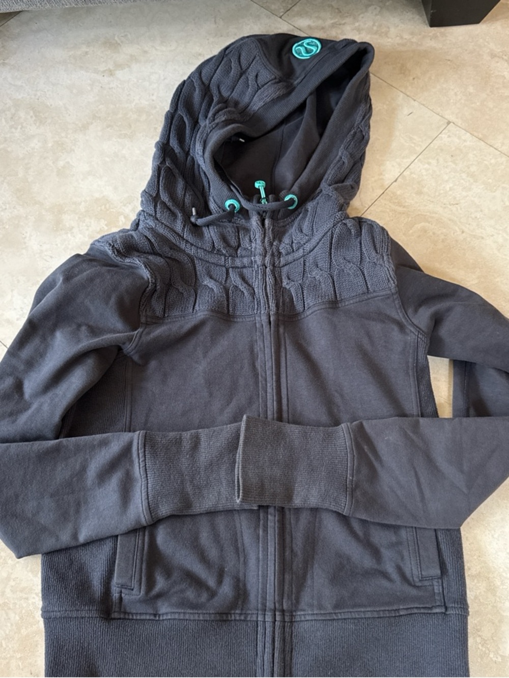 Womans Hooded Zip Jacket in Dark Charcoal with Aqua Accents